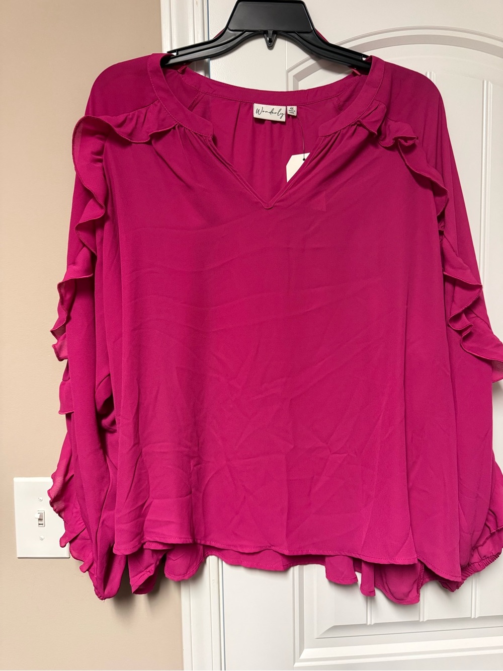 Wonderly Magenta Ruffle Sleeve V-Neck Blouse